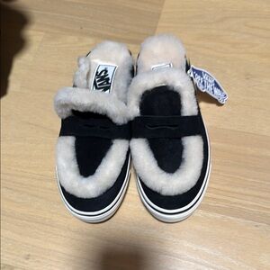 Vans Black and Cream Fuzzy Slip-On Shoes